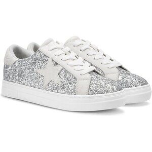 Womens Silver Rhinestone Glitter Star Low Top Comfortable Walking Sneakers Shoes